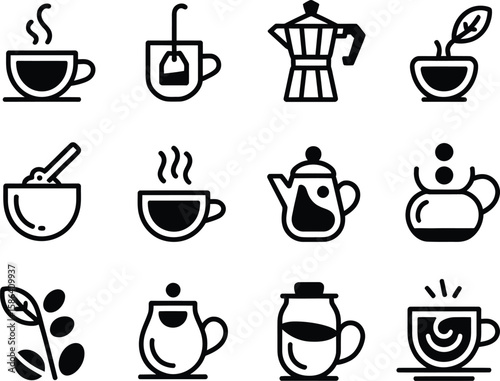Collection of twelve black and white icons representing different hot beverages and brewing methods
