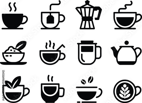 Collection of twelve black and white icons representing hot beverages and brewing equipment