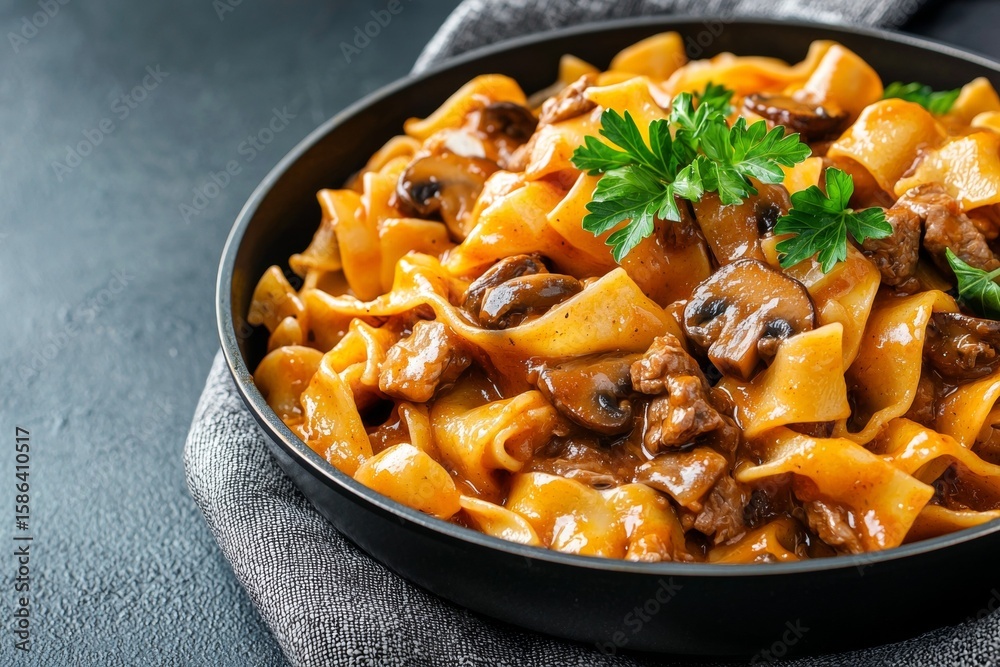 Bowl of spaghetti with meat and mushrooms Bowl of spaghetti with meat and mushrooms