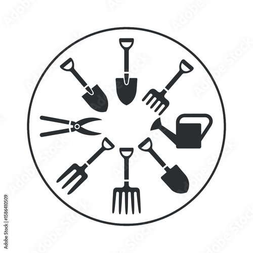 Gardening Tools Circle Icon Vector Illustration A Collection of Essential Equipment for Planting Cultivating and Maintaining Gardens Perfect for Landscaping and Horticulture