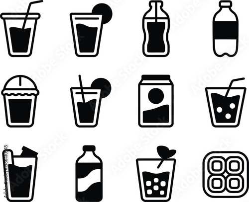 Collection of various black and white drink icons and beverage symbols
