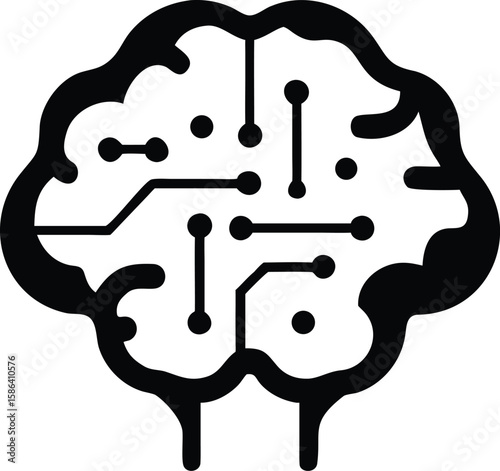Black and white illustration of a brain with circuit board pattern inside representing artificial intelligence or neural network concept