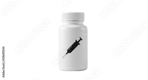 White pill bottle with a black syringe graphic for medical or pharmaceutical concepts and applications