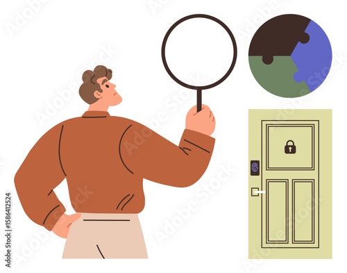 Person holding magnifying glass facing puzzle piece and locked door. Ideal for problem-solving, mystery, investigation, security, strategy, goal-setting, simple flat metaphor