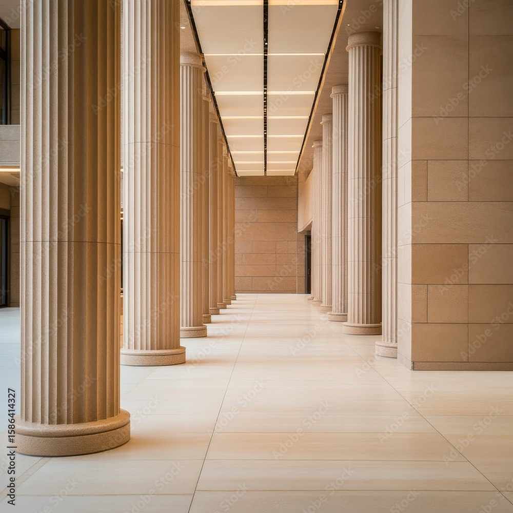 Fototapeta premium Classical Columns Hallway with Lighted Ceiling, Architecture, Interior