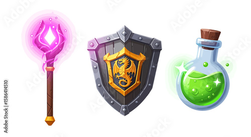 Magical Items Illustration: A collection of mystical items, featuring a staff, shield, and potion. Each item radiates enchantment and power
