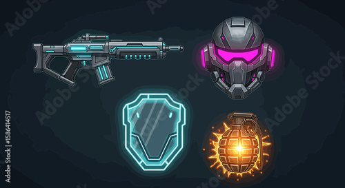 Cybernetic Weapon and Gear Illustrations: Gun, Mask, Shield, Grenade