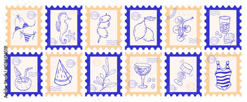 Mediterranean Postage Stamps set. la dolce vita aesthetics drawing. Isolated Vintage Summer beach Yellow blue Trendy vertical Posters Stamps Hand sketch. Vector illustration. Not AI