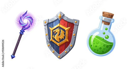 Magic staff, shield, potion bottle, fantasy game assets