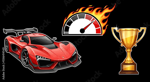 A dynamic illustration of a red race car, a speedometer with flames, and a trophy on a black backdrop.