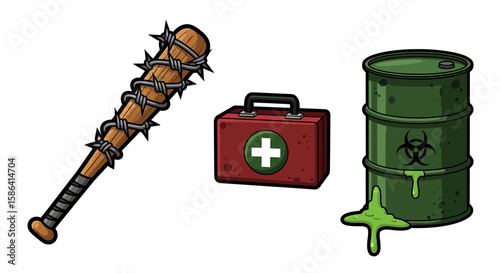 Apocalypse survival kit featuring a barbed wire bat, first aid kit, and toxic waste barrel