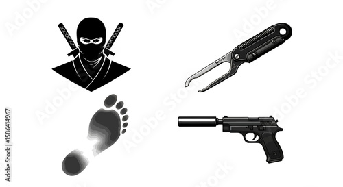 Set of illustrations related to ninja elements, emphasizing stealth, action, and mystery 