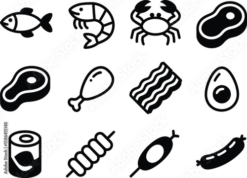 Collection of simple black and white food icons including fish shrimp crab steak chicken bacon egg can kebab sausage