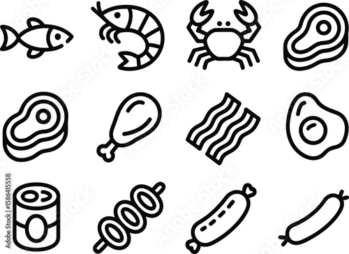 Collection of twelve simple black outline icons representing various food items