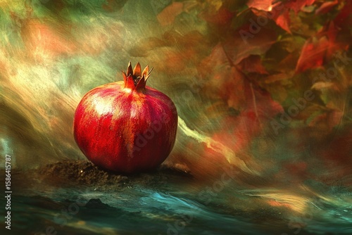 A single, vibrant pomegranate sits amidst a surreal, painterly swirl of rich autumn colors, creating an artistic still life.