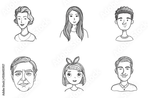 Cartoon avatar portraits of diverse people with different hairstyles, ages, and expressions. Includes child with bow, senior man, and young woman. Identity avatar concept, hand-drawn sketch style.