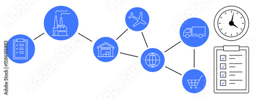 Connected elements show factory, warehouse, globe, airplane, truck, shopping cart, checklist, and clock. Ideal for management logistics planning efficiency workflow coordination simple flat