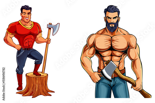 Muscular lumberjack with big ax in hand, man lumberjack with a large axe, ready for work in a forest setting, axeman with axe in hands, carpentry, woodworker, sawmill concept
