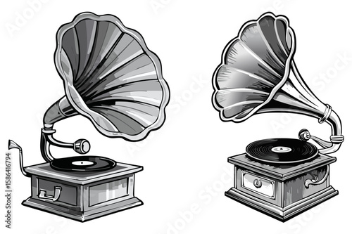 Vintage Gramophone Illustration Retro Music Player in Black and White Art, old gramophone with vinyl record