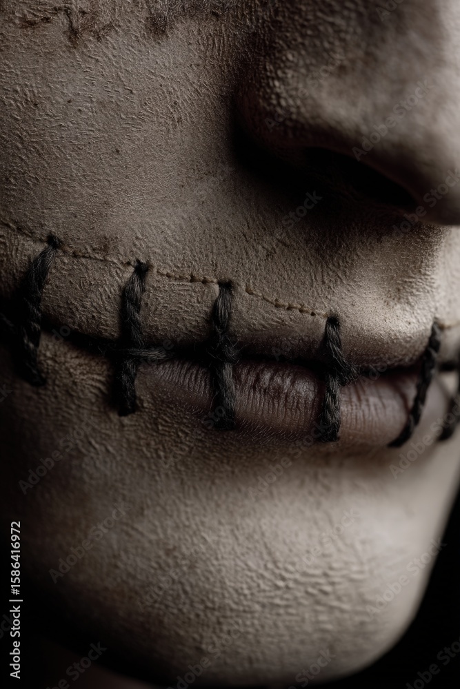 Fototapeta premium Close-up view of stitched lips showcasing intricate craftsmanship and detailed artistry