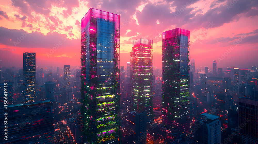 Fototapeta premium Vertical Farming Towers: Glass towers with AI-optimized hydroponic gardens under pink artificial sunlight Solves urban food scarcity