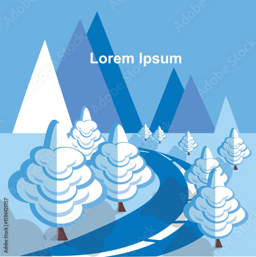 Asphalt blue winter road mountains on horisont white Lorem Ipsum on blue sky background flat cute design for travel, nature, ecology posters, winters holyday