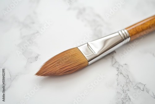 A close-up shot of an artist's paintbrush with a wooden handle, resting elegantly on a beautiful white marble surface.