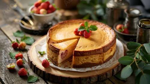 Wallpaper Mural Scandinavian cheesecake with cloudberries. The cheesecake sits on a wooden table, decorated with fresh berries and a sprig of mint. Torontodigital.ca