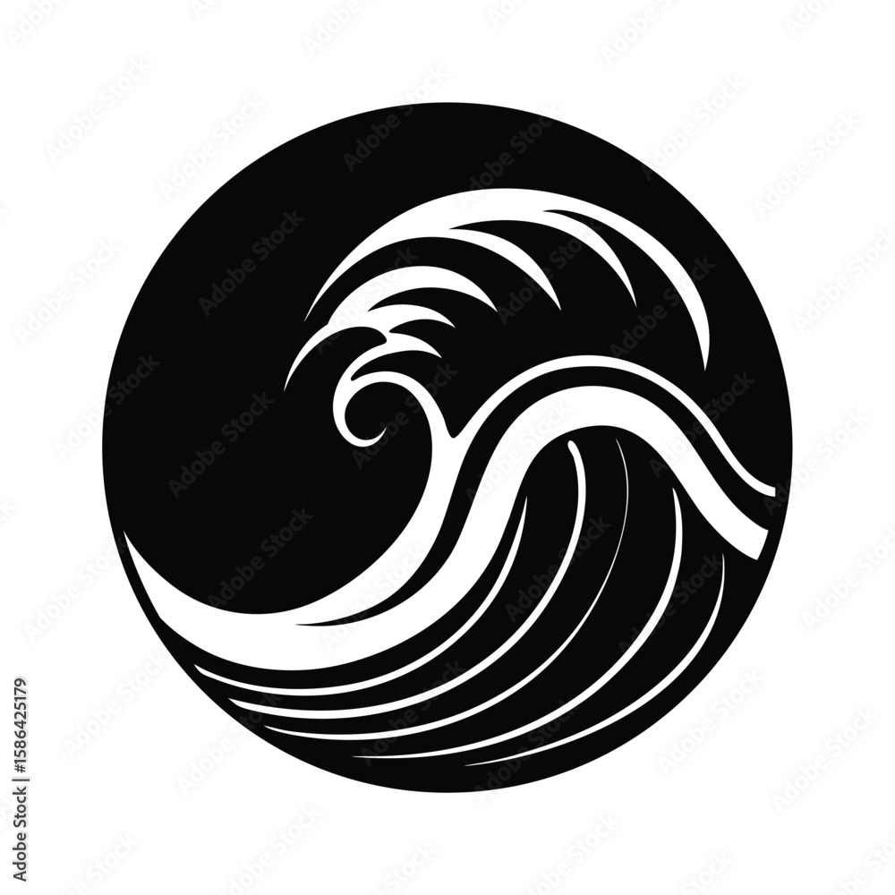 Obraz premium Stylized black and white wave cresting inside a circle silhouette