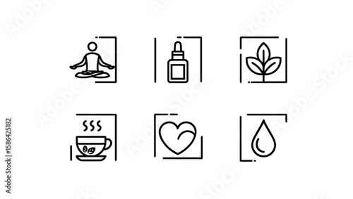 Collection of wellness icons depicting meditation, oils, tea, heart, and a droplet symbol in frames