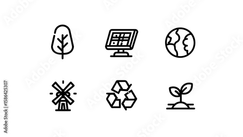 Illustration of tree, solar panel, earth, windmill, recycle and plant icons in a neat arrangement
