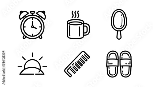 Outline drawing of alarm clock, mug, hand mirror, sunrise, comb, and slippers in a morning routine set
