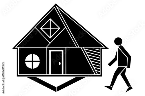Black-roofed residential house icon, a simple architectural symbol for real estate and home design