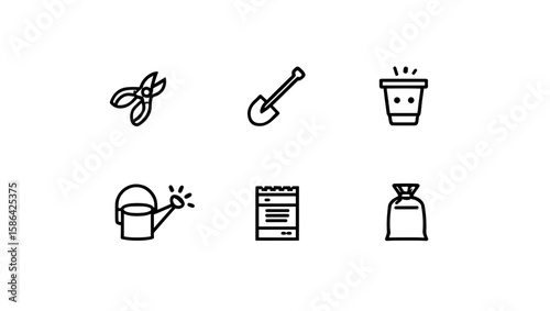 Collection of gardening tools and supplies icons showing various equipment for garden maintenance work