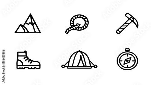 Icons depicting mountain peak rope ice axe boot tent and compass for outdoor adventures and exploration