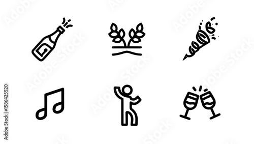 Depiction of celebration icons featuring champagne, party favors, and musical note symbols aligned neatly