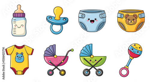 Collection of baby items including bottle, pacifier, diapers, clothing, strollers, and rattle toy