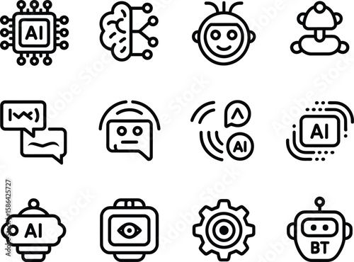 Collection of simple black line art icons representing artificial intelligence and robots