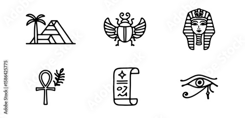 Collection of line art illustrations depicting ancient egyptian symbols and cultural icons neatly arranged