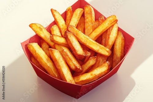 An illustration of a red paper carton filled with delicious, golden-brown, crispy french fries on a light background.