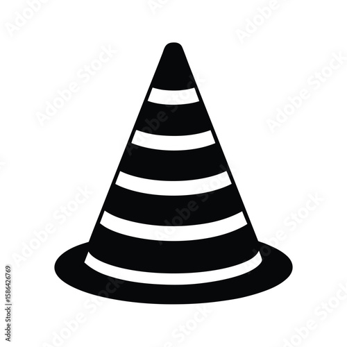 A classic black and white traffic cone with reflective stripes silhouette
