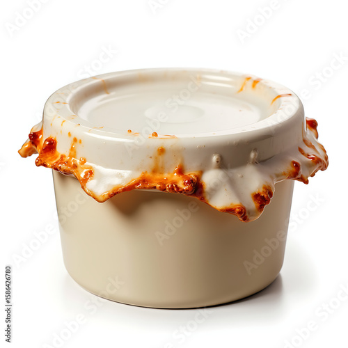 Melted plastic lid on a deformed container with heat damage  