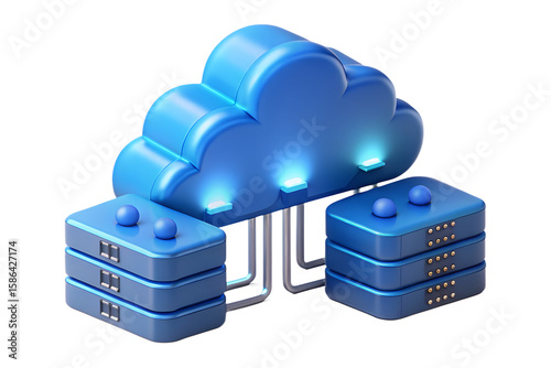 A stylized cloud connected to three blue servers with gold connectors on a black background render on transparent background