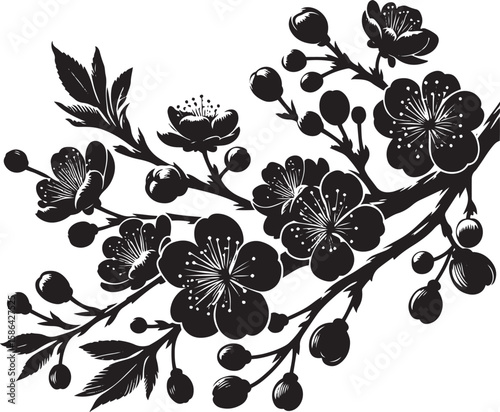 Cherry Blossom Branch Silhouette – Black and White Floral Vector with Detailed Flowers and Buds