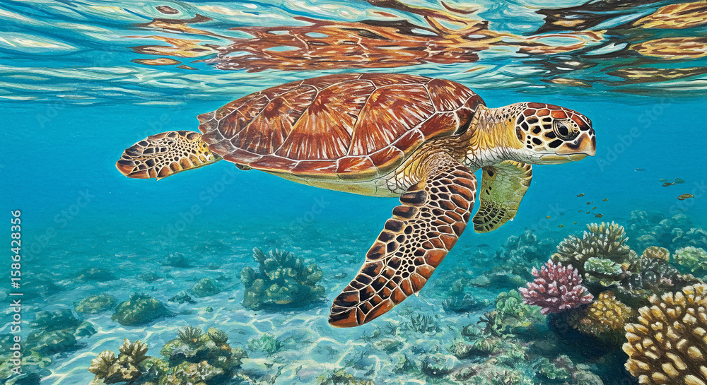 Fototapeta premium Colored pencil illustration of sea turtle swimming underwater with coral reef in background