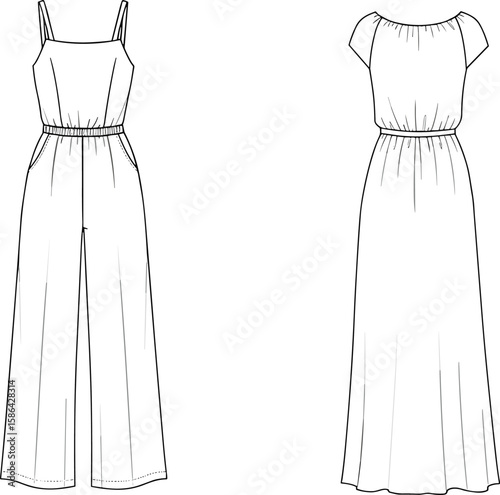 Technical flat sketch of a women's midi-length skirt featuring a fixed waistband and knife pleats, creating a full silhouette, presented in front and back views, for versatile formal and casual wear.