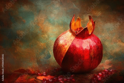 An artistic still life of a ripe red pomegranate with scattered seeds against a textured, painterly, rustic background.