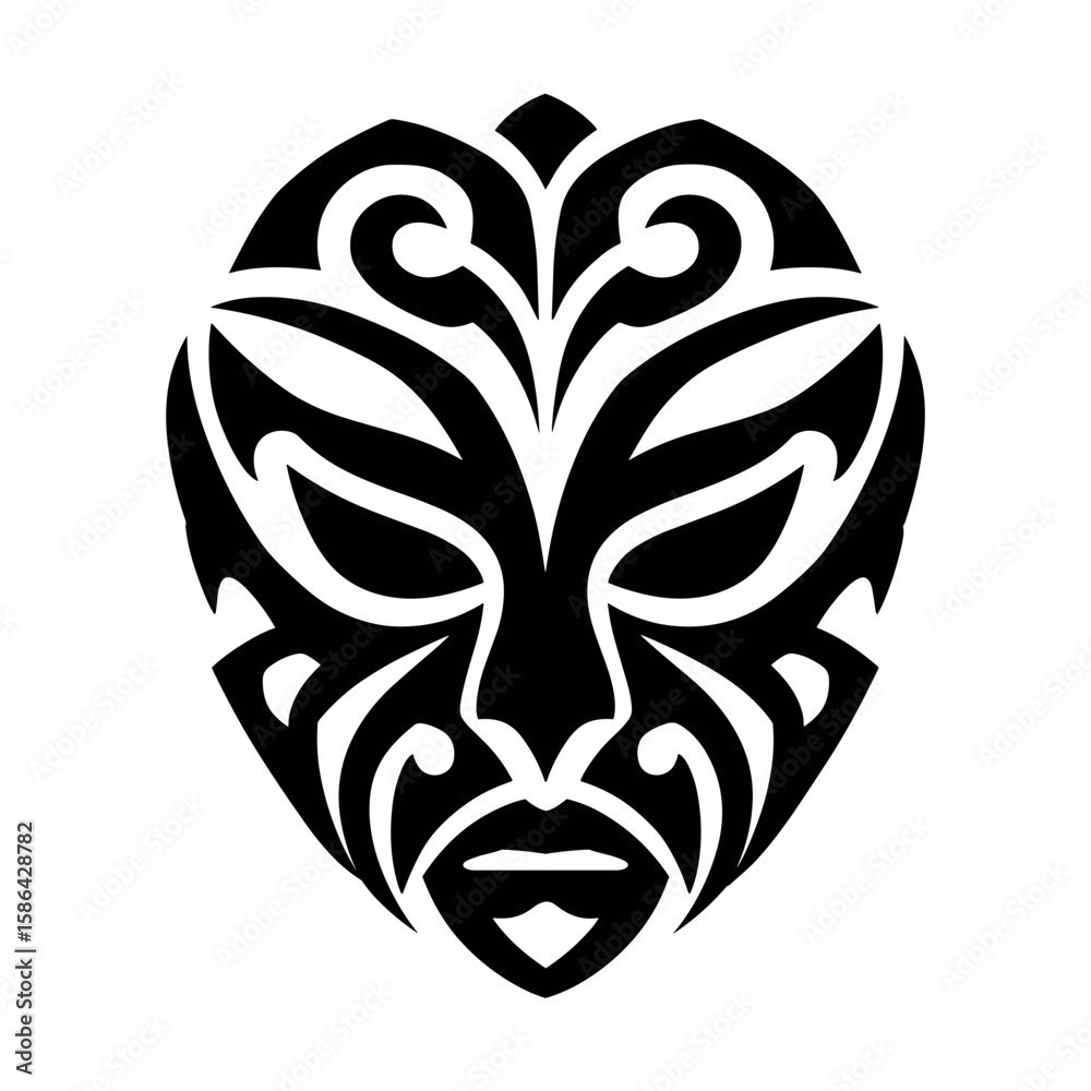 Fototapeta premium Tribal mask with sharp symmetrical patterns and abstract facial features, vector illustration 