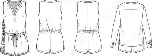 Technical flat sketch of a women's midi-length dress with long sleeves, a gathered elastic waist, and a back button placket closure, ideal for versatile everyday wear.