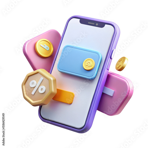 3d illustration of a smartphone with discount and coins isolated on transparent background